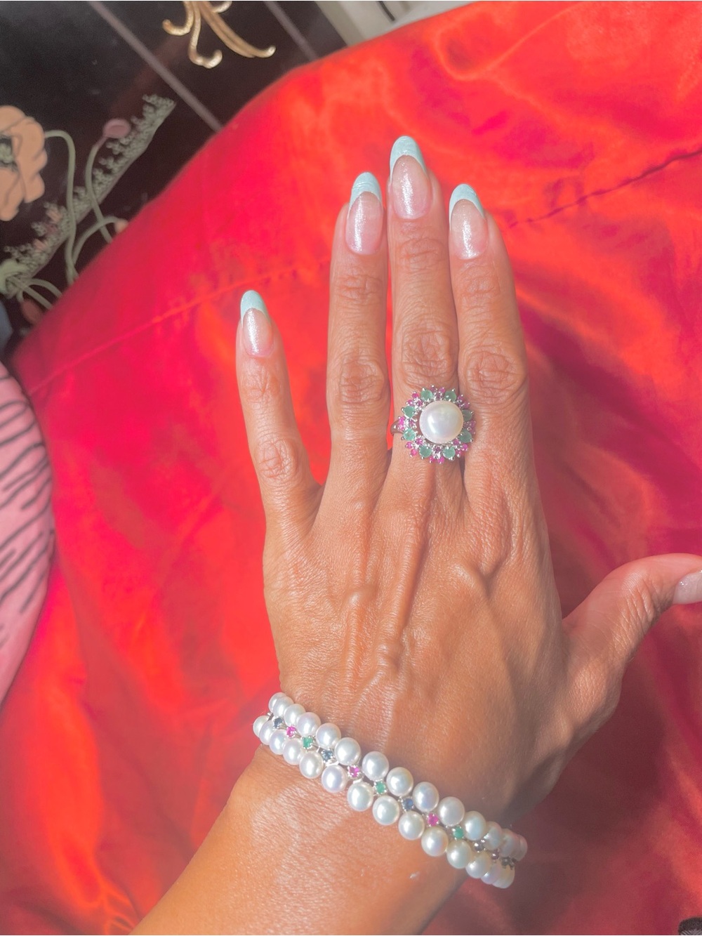 Pearl and Pink Cocktail Ring with Multi-Stone Halo